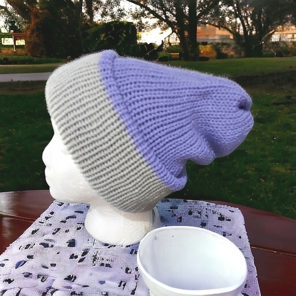 Handcrafted Reversible Knit Hat in Grey & Periwinkle - Picture 2 of 11
